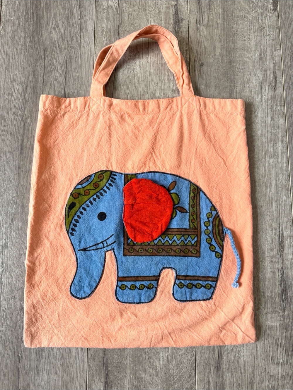 Vintage Boho Elephant Appliqué Cotton Tote Bag Peach Blue Cottagecore